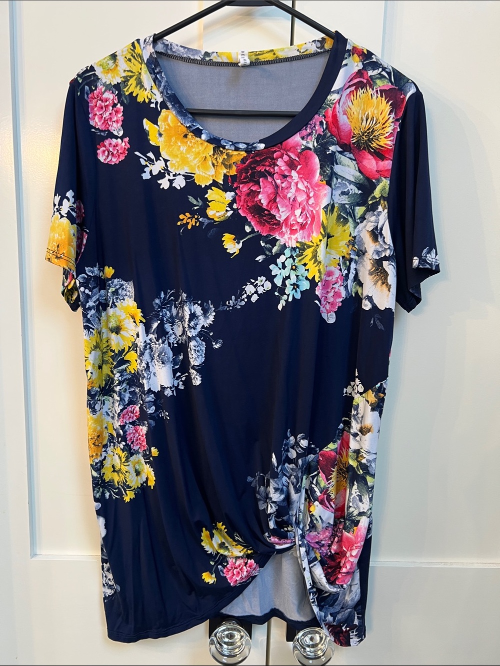 BELLAMI Navy Short Sleeve Floral Twist-Front Top with Pink & Yellow Blooms